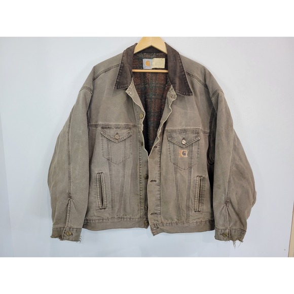 CARHARTT Men's Brown Canvas Blanket Lined Trucker Jacket J10 CHT Size 3XL Union
